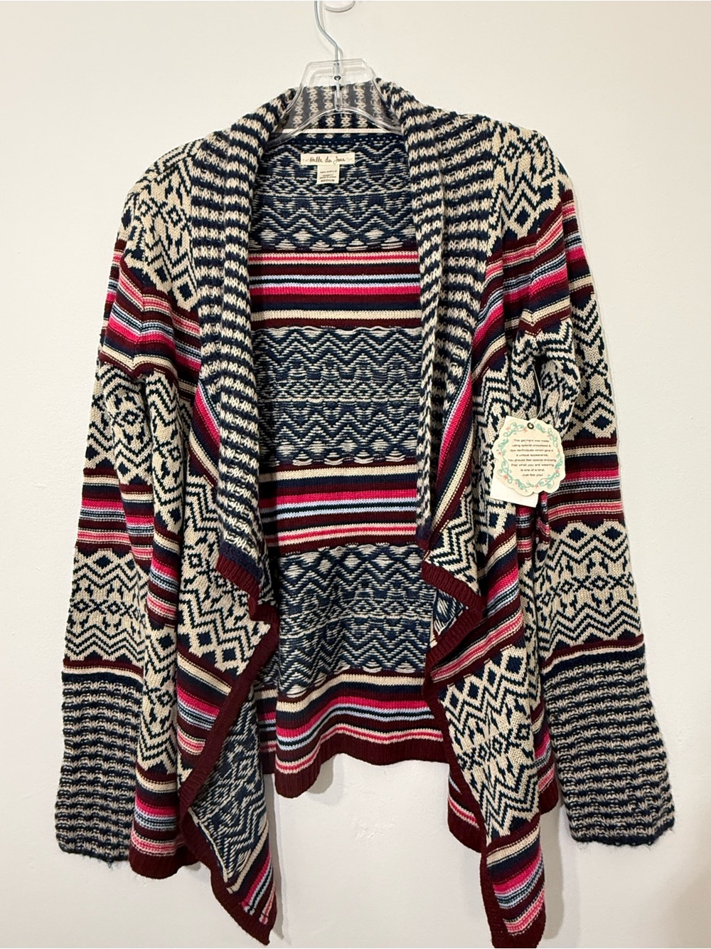 Belle Du Jour Boho Aztec Cardigan Sweater NWT Navy Burgundy Cream